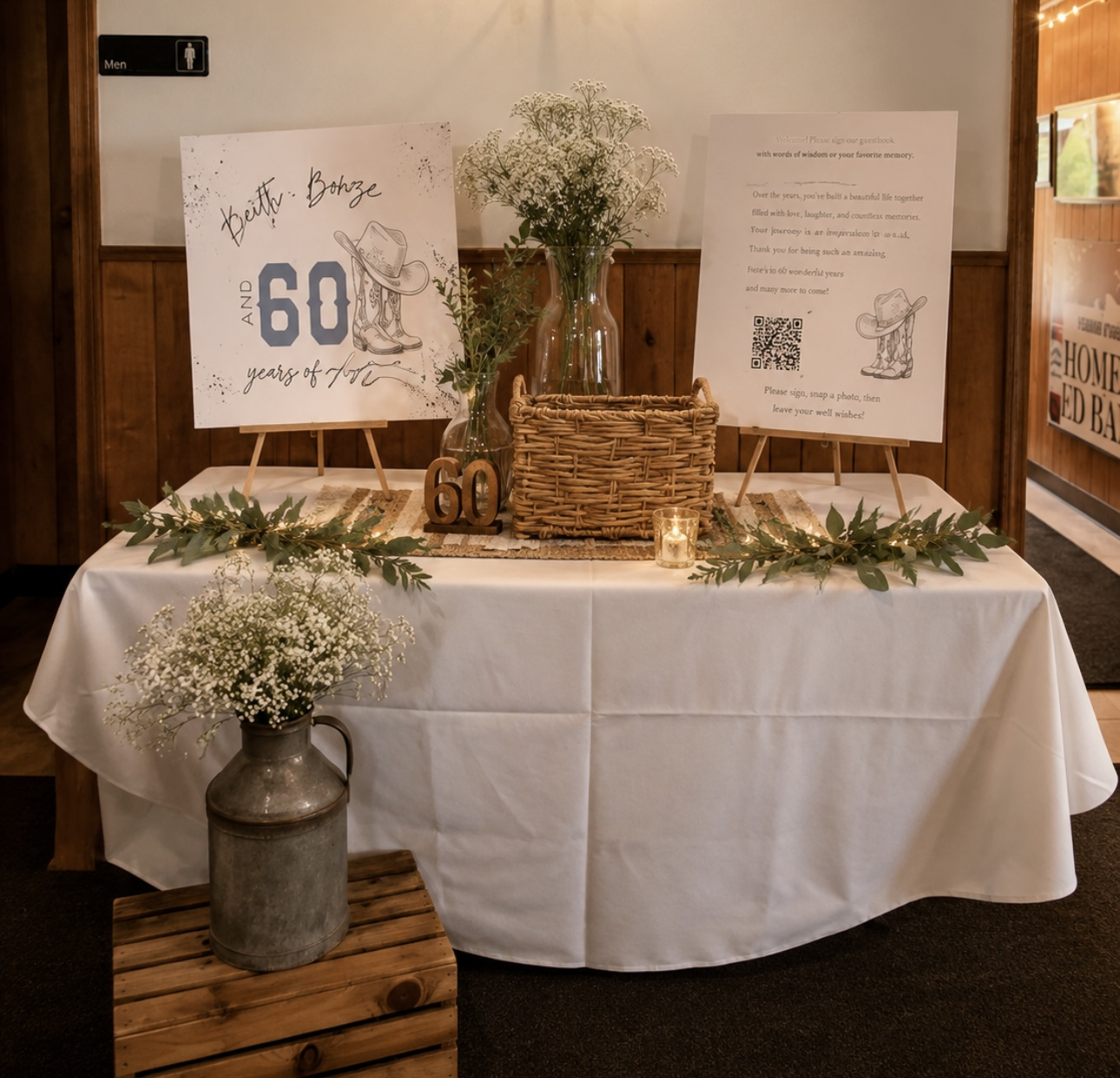 Styled welcome table display for a celebration